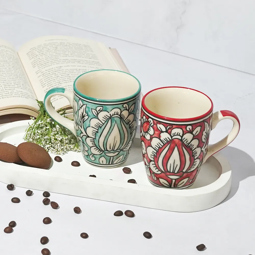 Traditional Floral Pattern Red &amp; Blue Ceramic Mugs Set Of 2