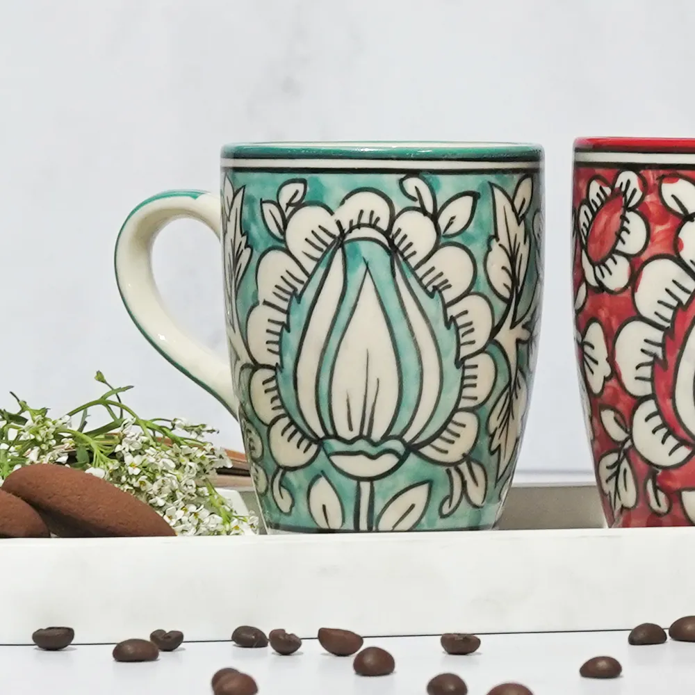 Traditional Floral Pattern Red &amp; Blue Ceramic Mugs Set Of 2