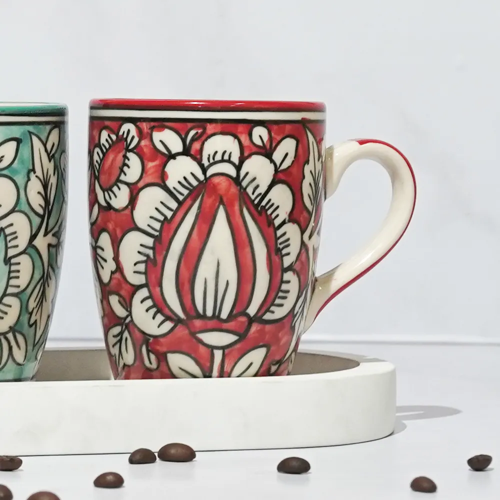 Traditional Floral Pattern Red &amp; Blue Ceramic Mugs Set Of 2