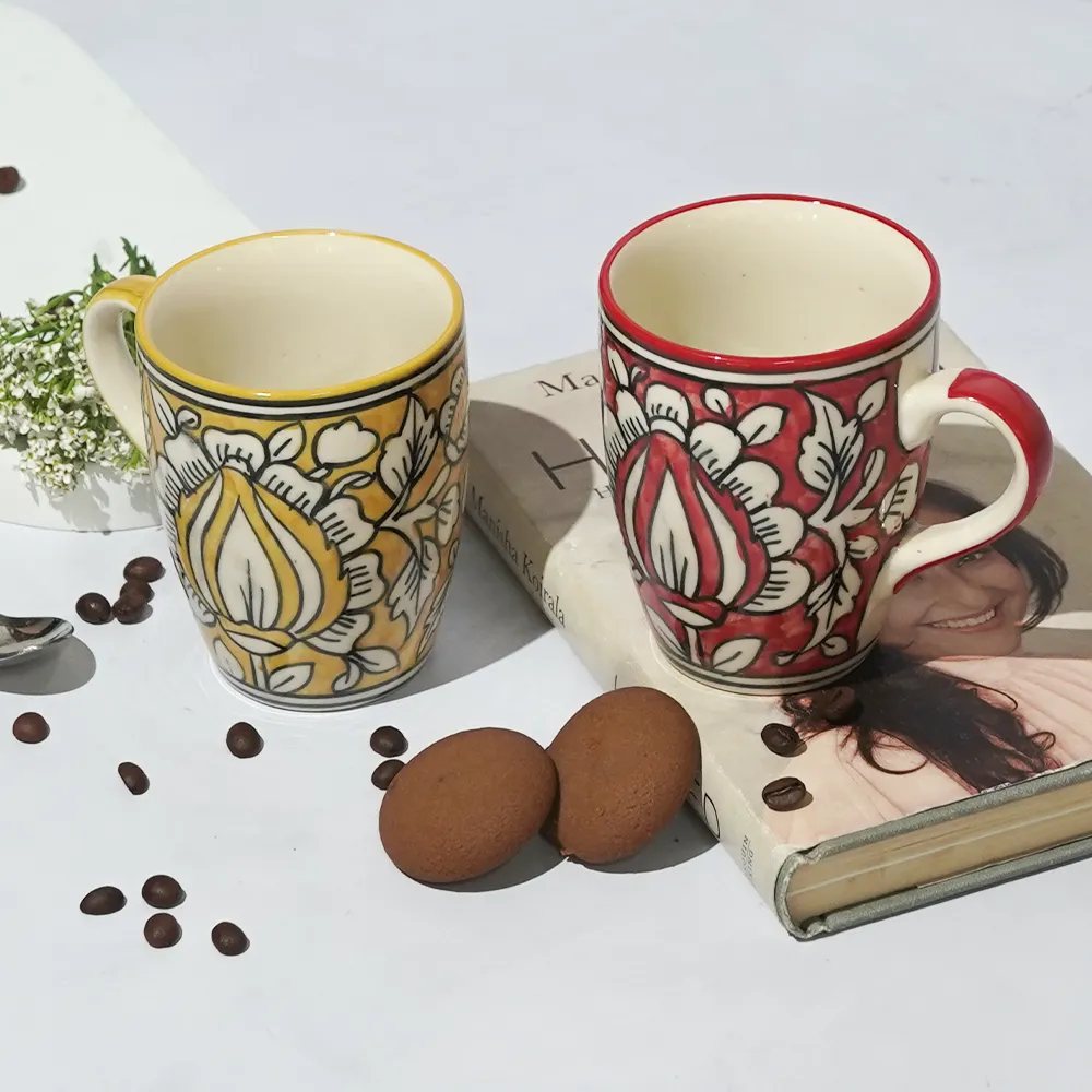 Traditional Floral Pattern Red &amp; Yellow Ceramic Mugs Set Of 2