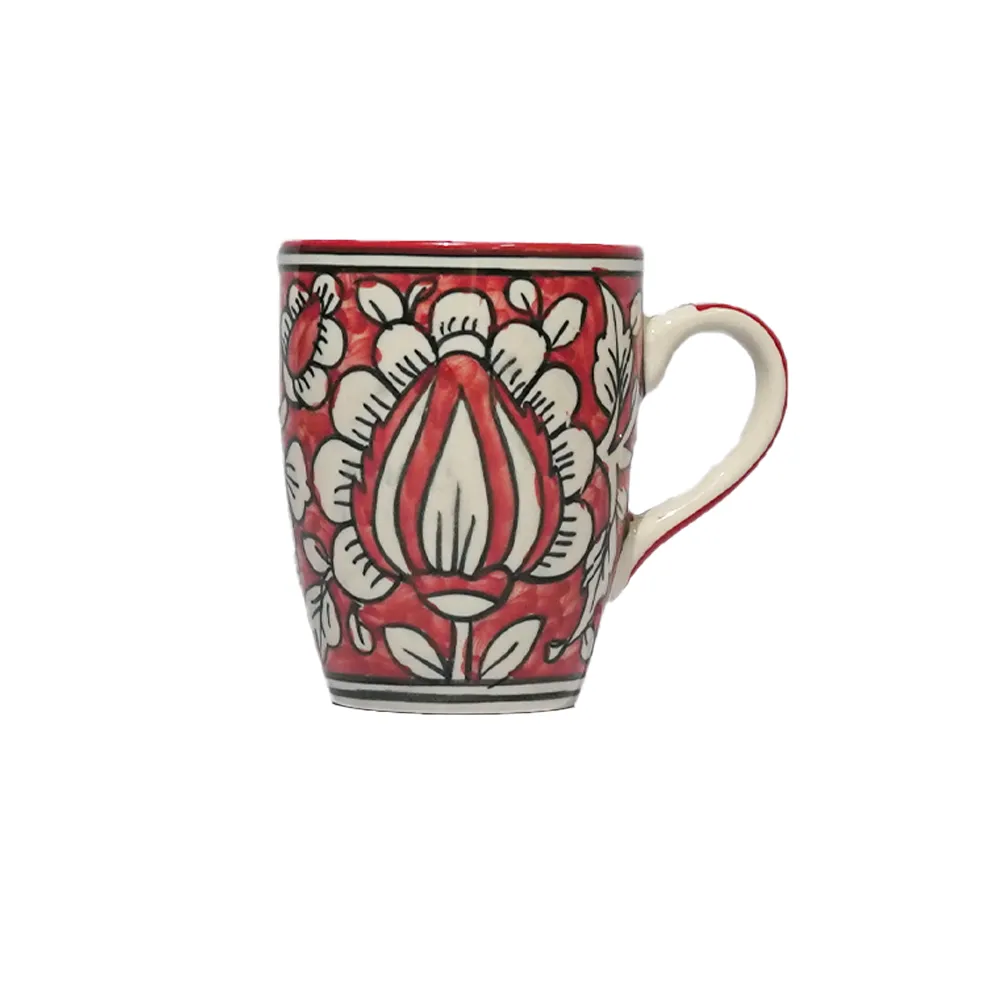 Traditional Floral Pattern Red &amp; Yellow Ceramic Mugs Set Of 2