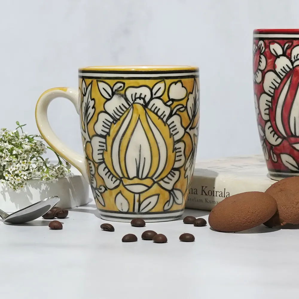 Traditional Floral Pattern Red &amp; Yellow Ceramic Mugs Set Of 2