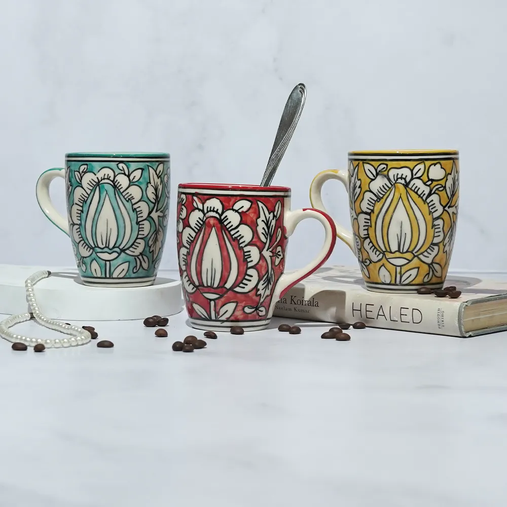 Traditional Floral Pattern Red, Yellow & Blue Ceramic Mugs Set Of 3