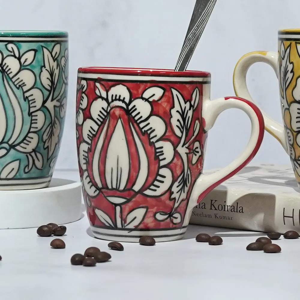 Traditional Floral Pattern Red, Yellow & Blue Ceramic Mugs Set Of 3