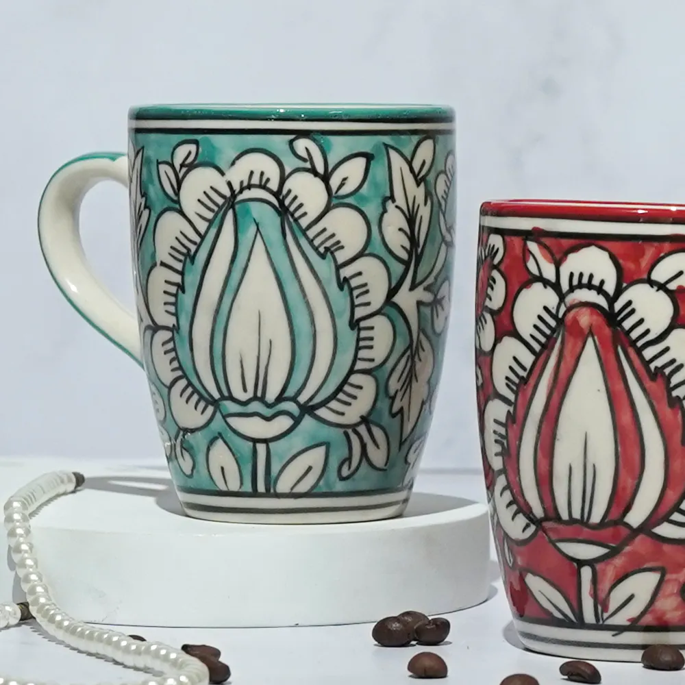 Traditional Floral Pattern Red, Yellow & Blue Ceramic Mugs Set Of 3
