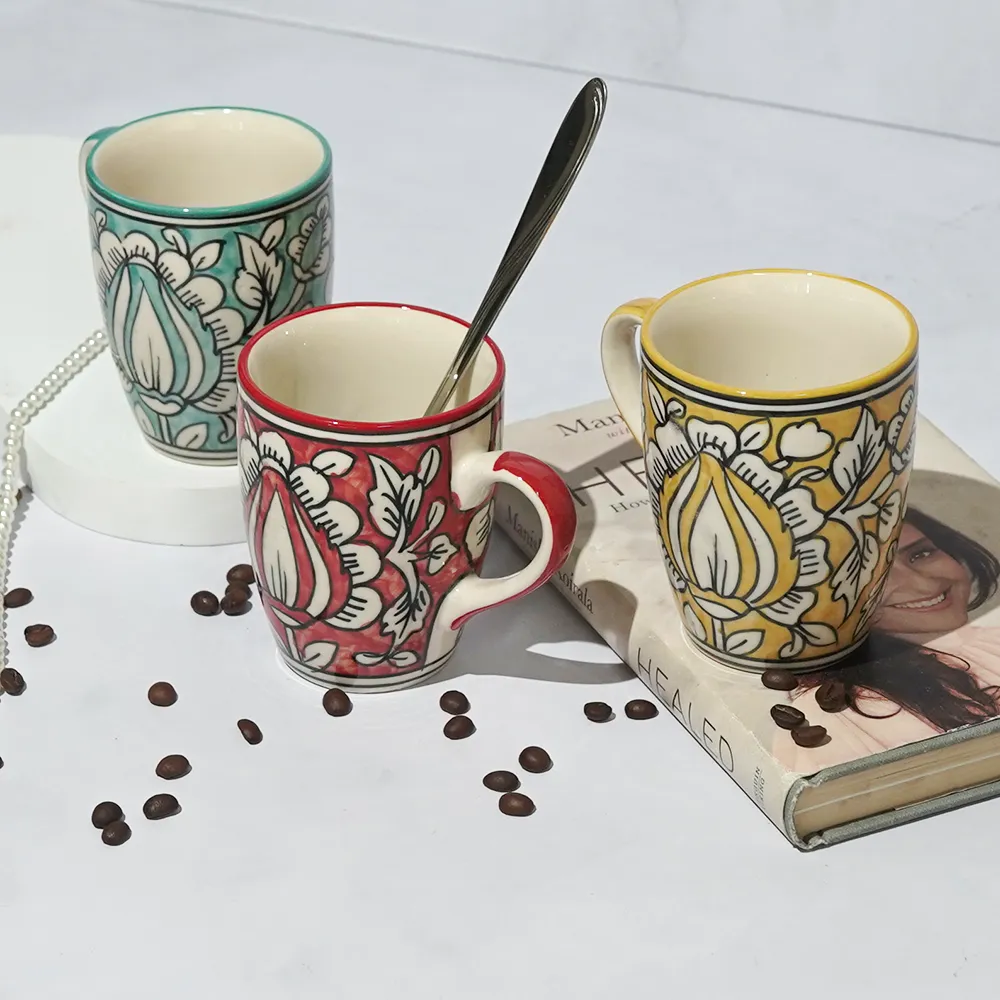 Traditional Floral Pattern Red, Yellow & Blue Ceramic Mugs Set Of 3