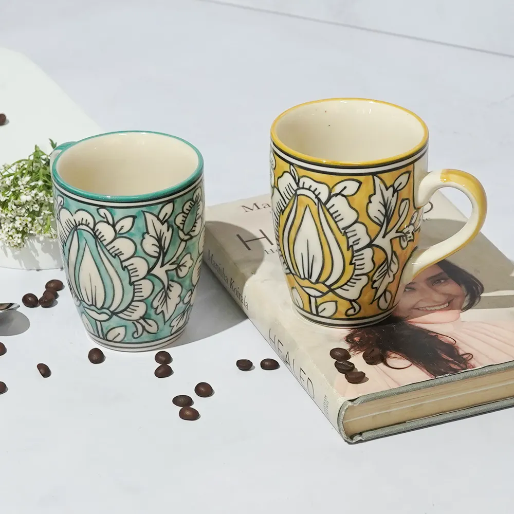 Traditional Floral Pattern Yellow &amp; Blue Ceramic Mugs Set Of 2