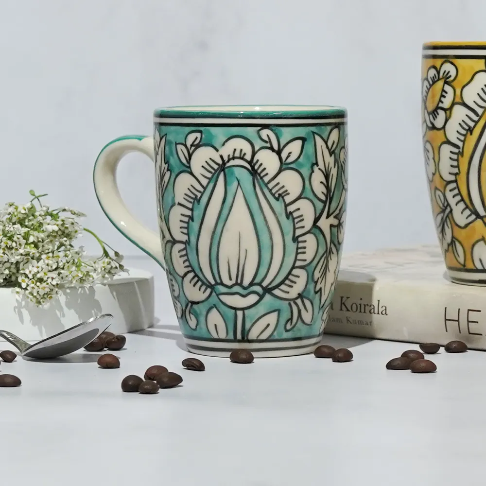 Traditional Floral Pattern Yellow &amp; Blue Ceramic Mugs Set Of 2