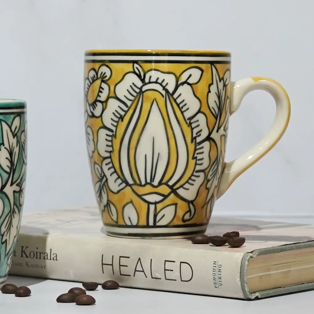Traditional Floral Pattern Yellow &amp; Blue Ceramic Mugs Set Of 2