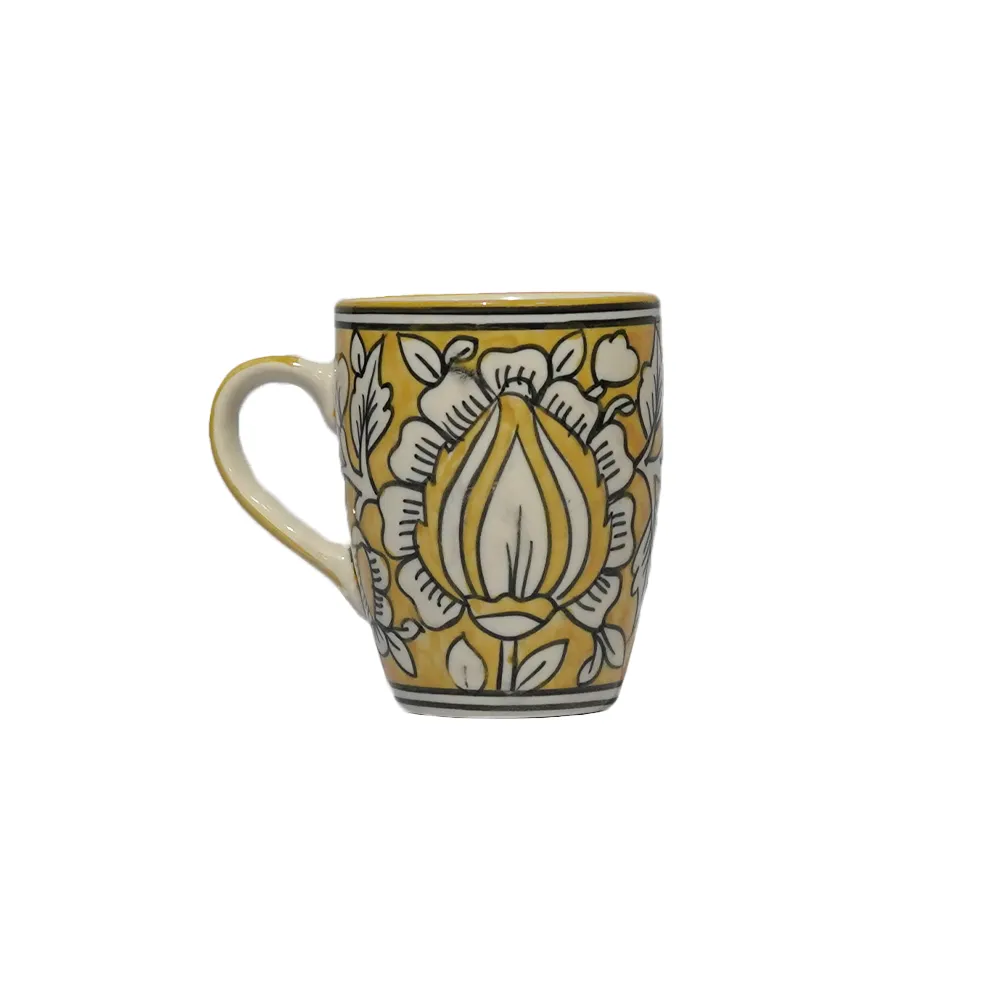 Traditional Floral Pattern Yellow &amp; Blue Ceramic Mugs Set Of 2