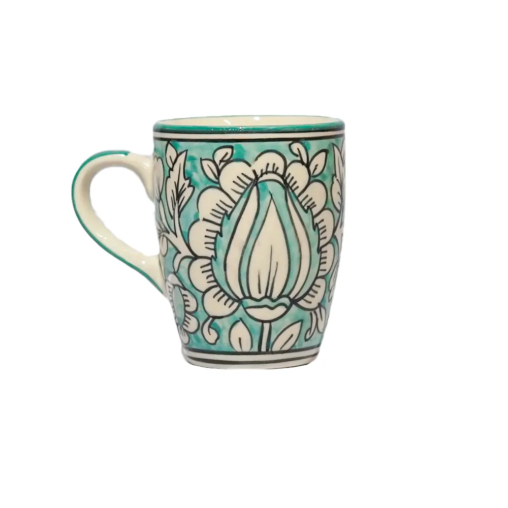Traditional Floral Pattern Yellow &amp; Blue Ceramic Mugs Set Of 2