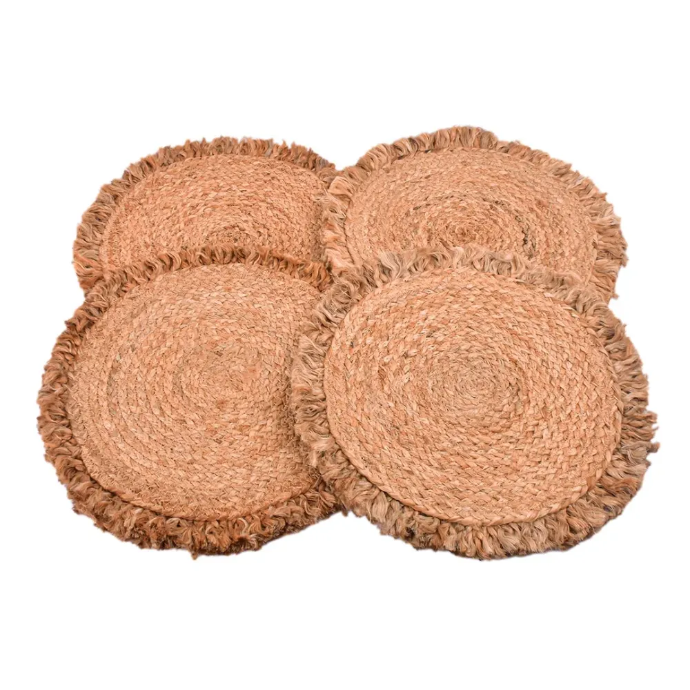 Traditional Fringed Edge Round Jute Placemet Of 4