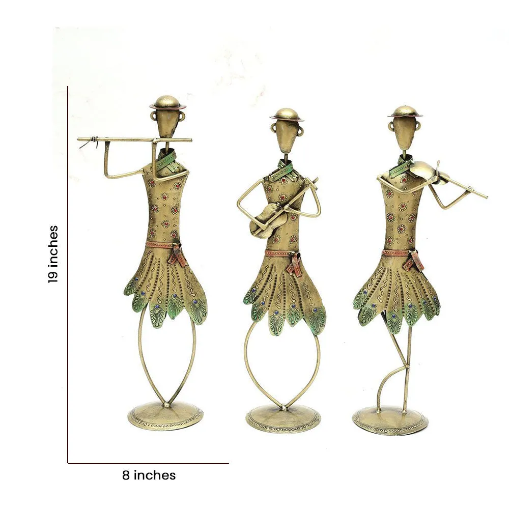 Traditional Gold Brushed Tribal Dancing Ladies Metal Figurines / Showpiece Set Of 3
