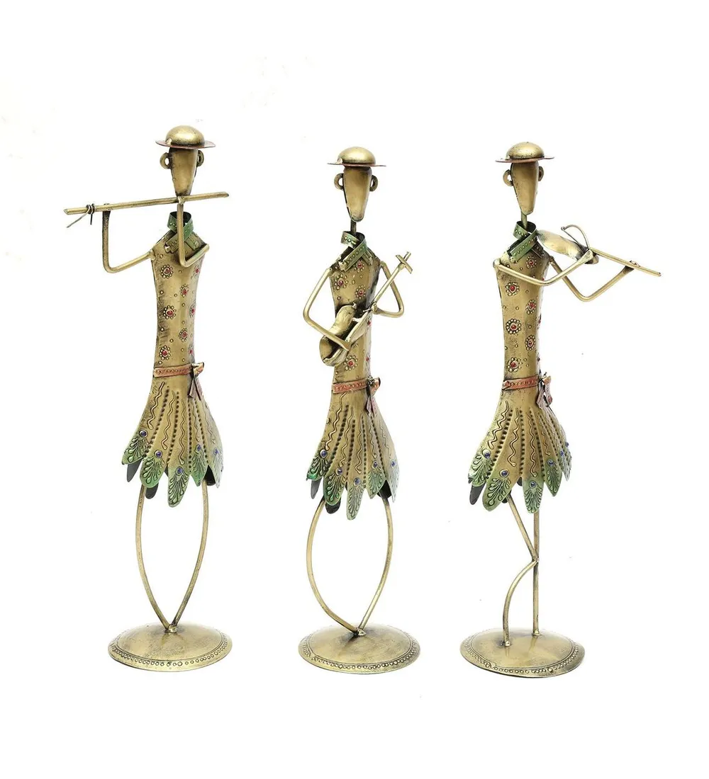 Traditional Gold Brushed Tribal Dancing Ladies Metal Figurines / Showpiece Set Of 3