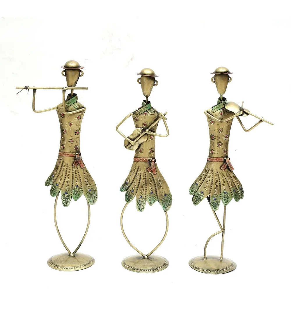 Traditional Gold Brushed Tribal Dancing Ladies Metal Figurines / Showpiece Set Of 3