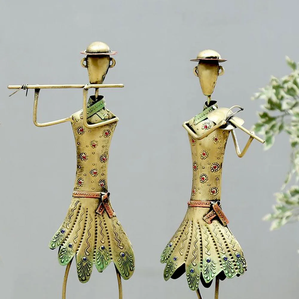 Traditional Gold Brushed Tribal Dancing Ladies Metal Figurines / Showpiece Set Of 3