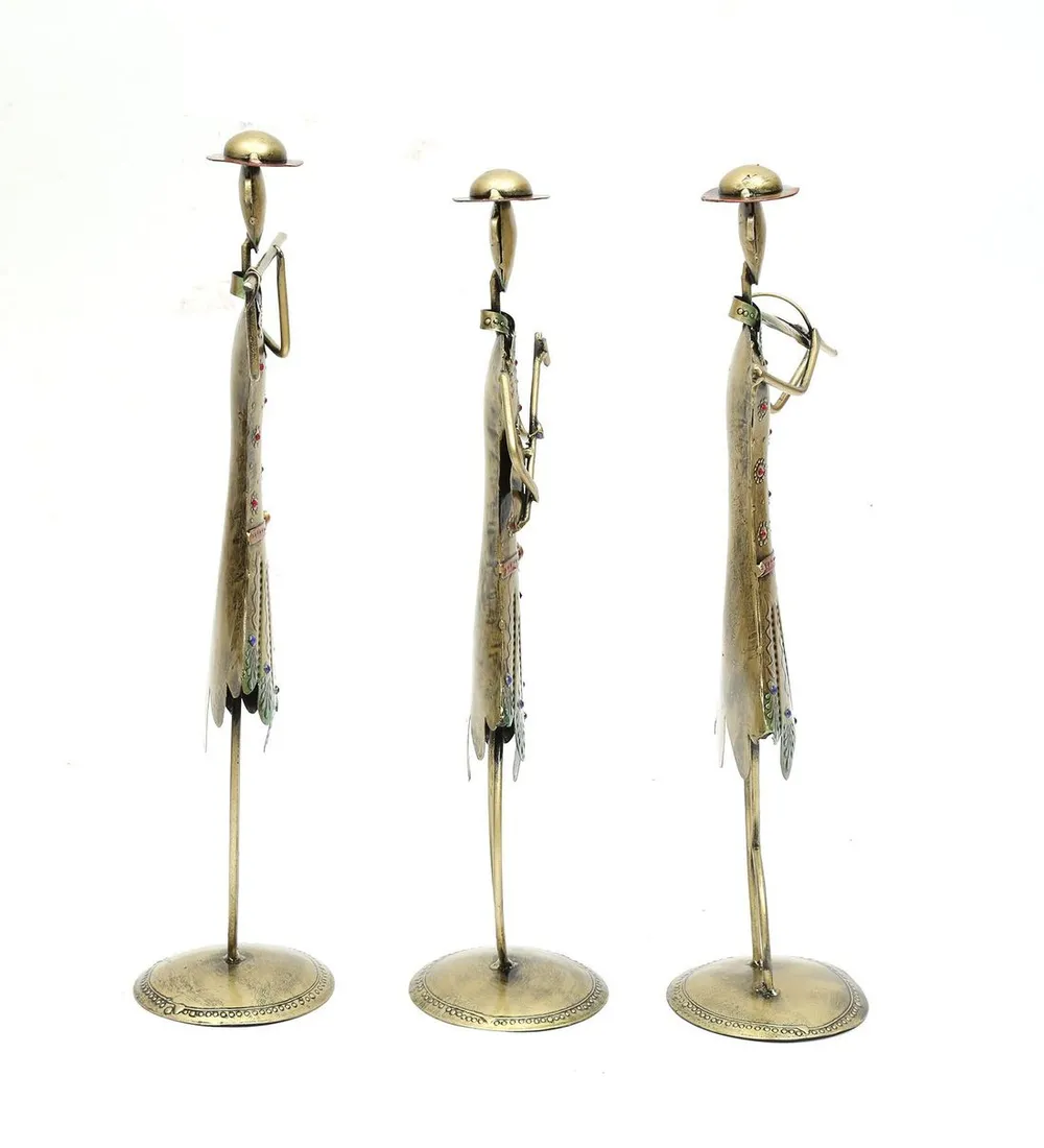 Traditional Gold Brushed Tribal Dancing Ladies Metal Figurines / Showpiece Set Of 3
