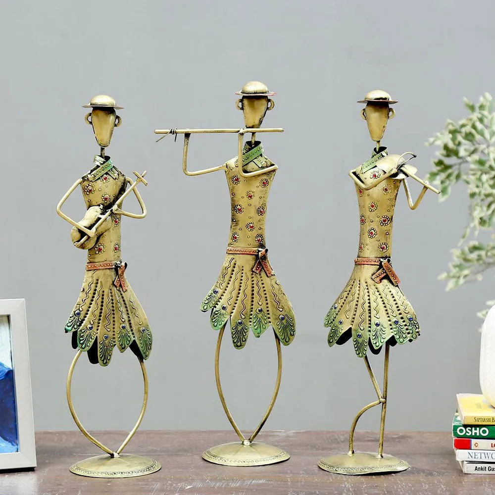 Traditional Gold Brushed Tribal Dancing Ladies Metal Figurines / Showpiece Set Of 3