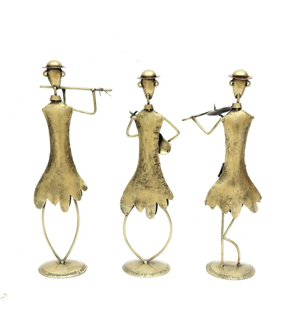 Traditional Gold Brushed Tribal Dancing Ladies Metal Figurines / Showpiece Set Of 3