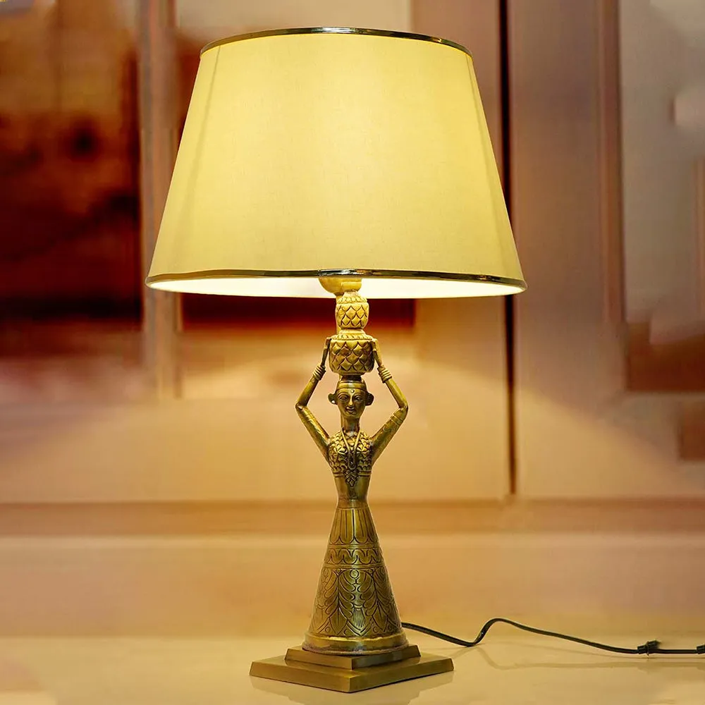 Traditional Hand Crafted Dainty Structured Village Women Brass Table Lamp