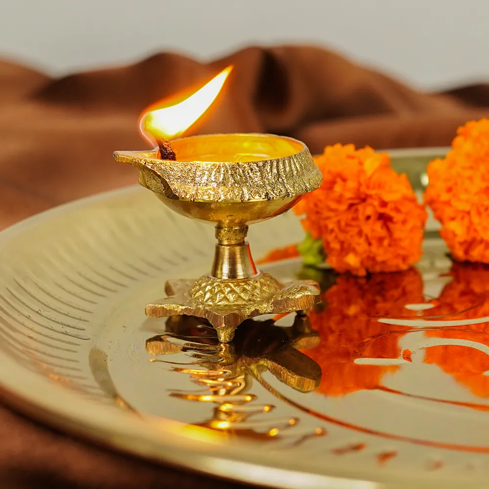 Traditional Handcrafted Glossy Brass Pooja Thali Set Of 1