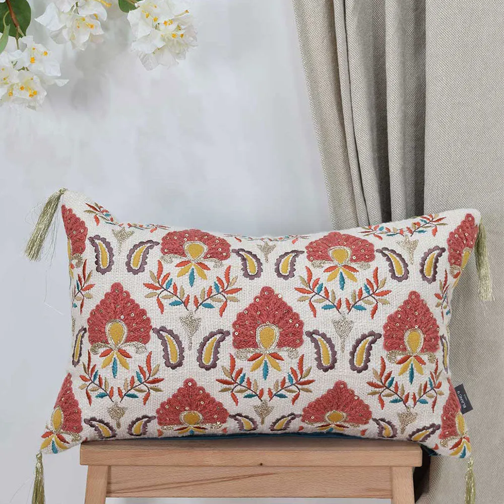 Traditional Heavy  Floral Embroidered 100% Cotton Cushion Cover Set Of 1