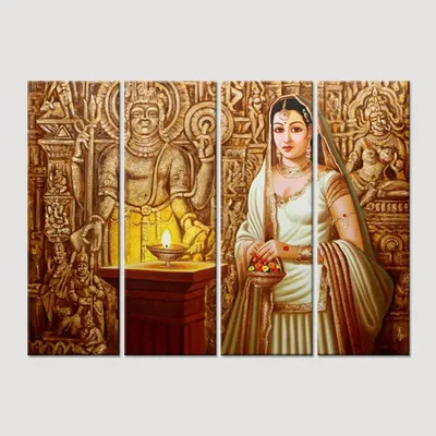 Traditional Indian Rajasthani Princess Canvas Printed Painting 4 Pieces Wall Painting with Wooden Framed