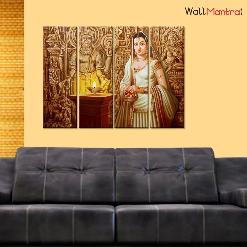 Traditional Indian Rajasthani Princess Canvas Printed Painting 4 Pieces Wall Painting with Wooden Framed