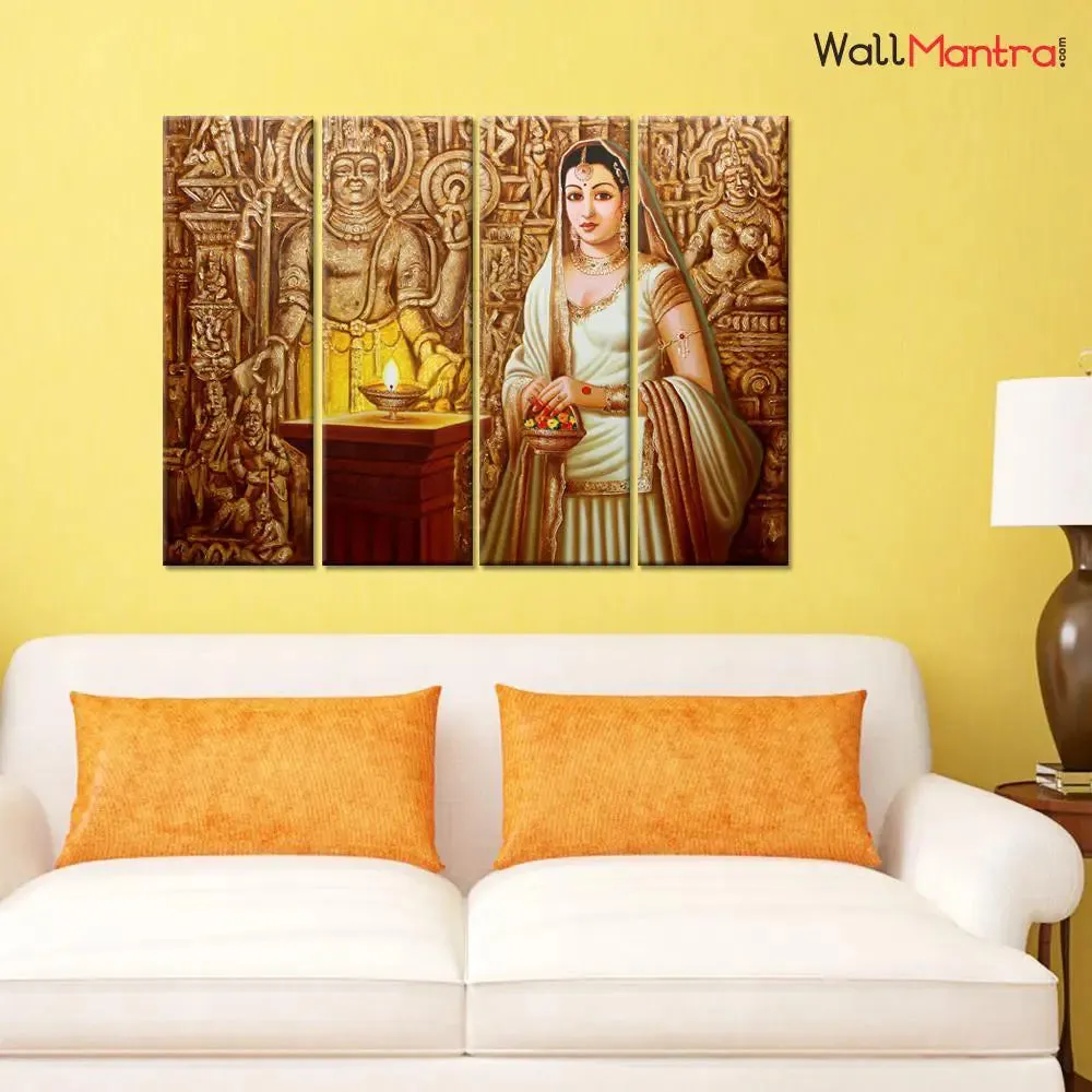 Traditional Indian Rajasthani Princess Canvas Printed Painting 4 Pieces Wall Painting with Wooden Framed