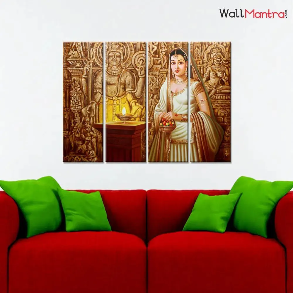 Traditional Indian Rajasthani Princess Canvas Printed Painting 4 Pieces Wall Painting with Wooden Framed