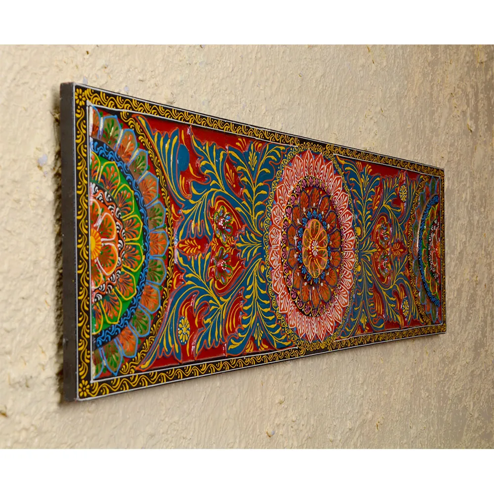 Traditional Intricate Multicolor Rectangular Painted Wooden Wall Panel