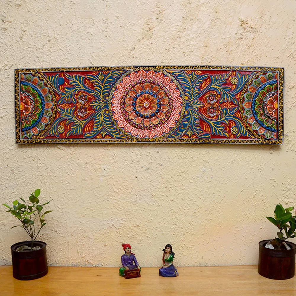 Traditional Intricate Multicolor Rectangular Painted Wooden Wall Panel