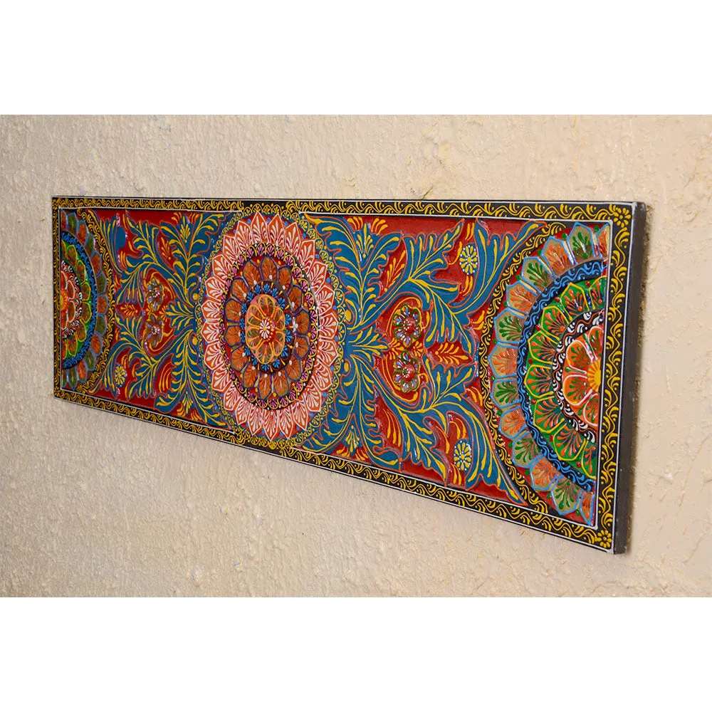 Traditional Intricate Multicolor Rectangular Painted Wooden Wall Panel