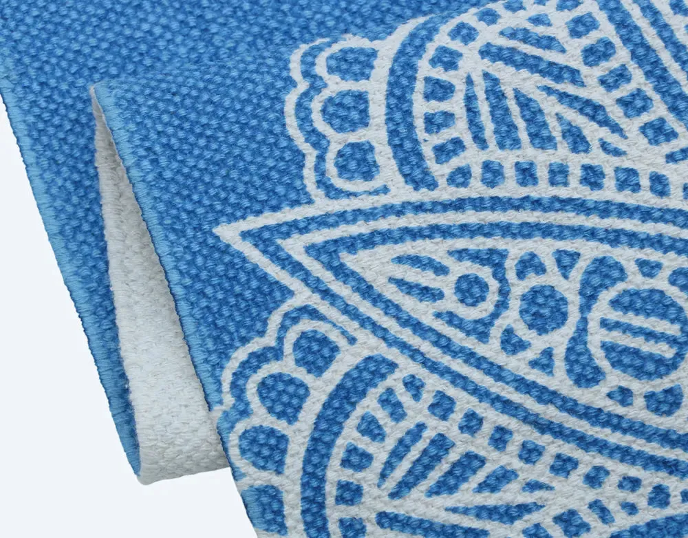 Traditional Motif Cotton Non-Slip Blue Exercise Mat / Yoga Mat- 2x6 ft