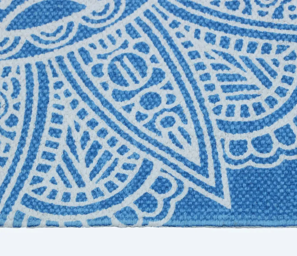 Traditional Motif Cotton Non-Slip Blue Exercise Mat / Yoga Mat- 2x6 ft