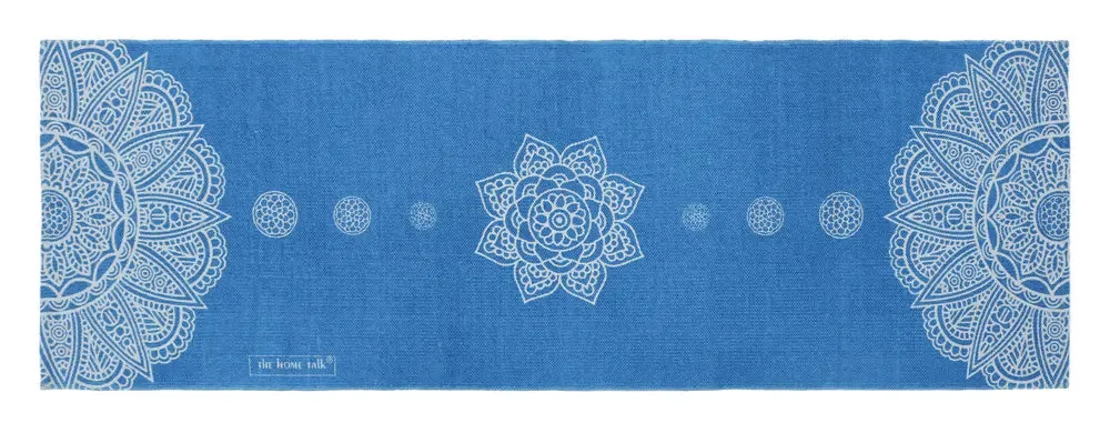 Traditional Motif Cotton Non-Slip Blue Exercise Mat / Yoga Mat- 2x6 ft
