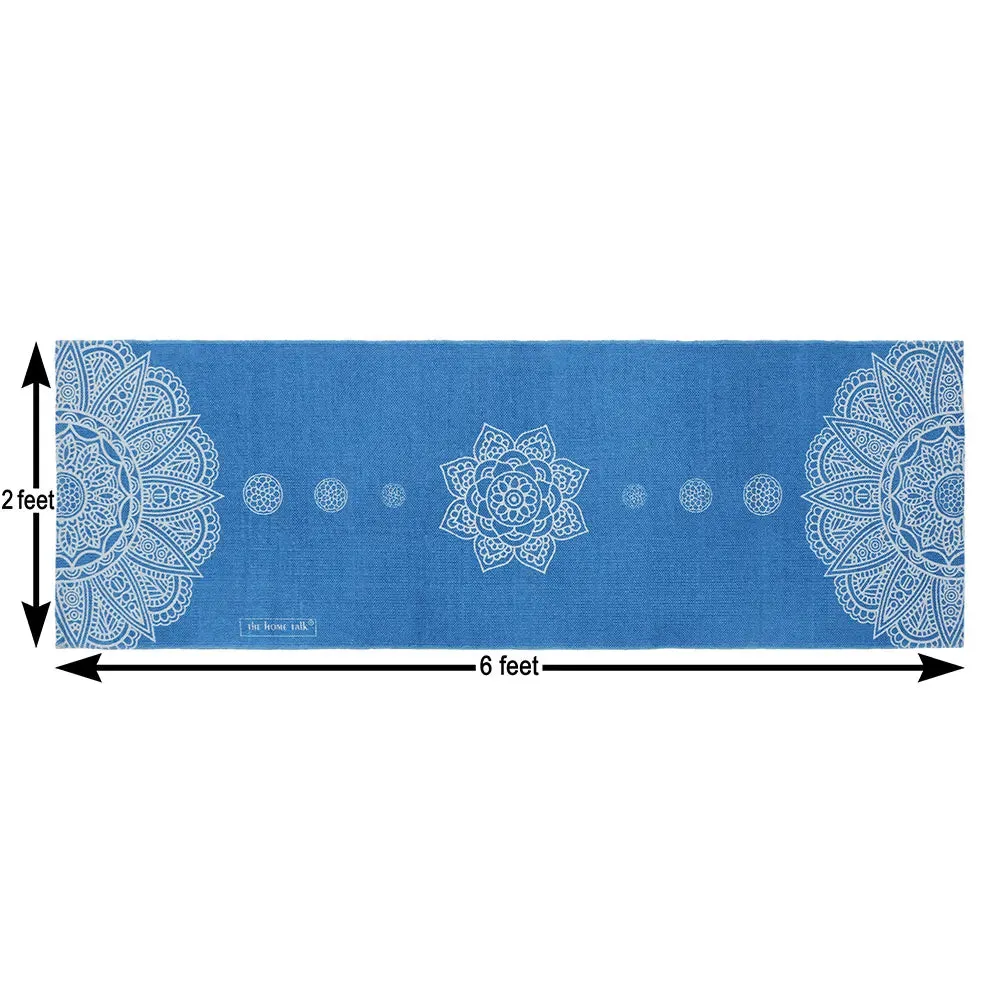 Traditional Motif Cotton Non-Slip Blue Exercise Mat / Yoga Mat- 2x6 ft
