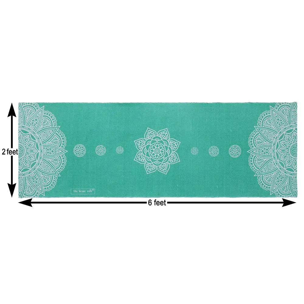 Traditional Motif Cotton Non-Slip Green Exercise Mat / Yoga Mat- 2x6 ft