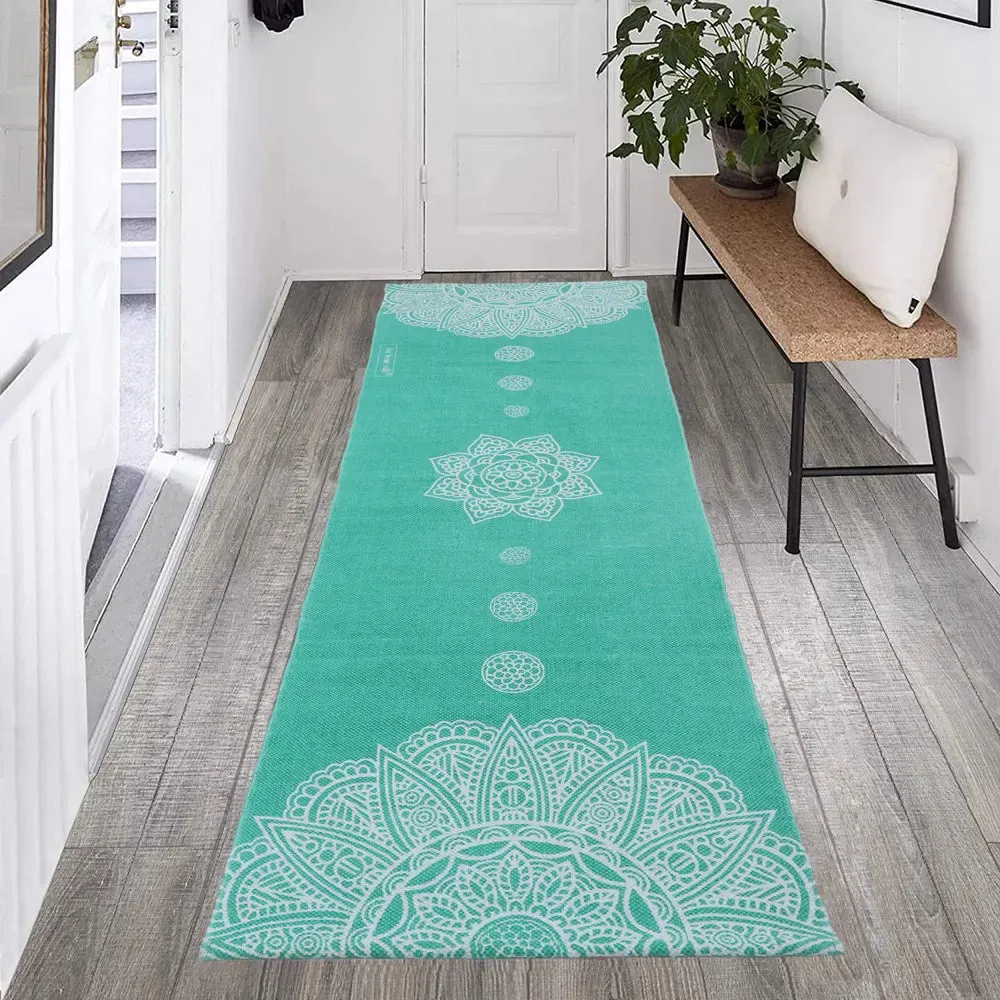 Traditional Motif Cotton Non-Slip Green Exercise Mat / Yoga Mat- 2x6 ft