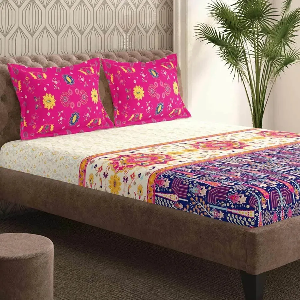 Traditional Motifs Printed Magnum Super Soft Cotton King Size Bedsheet with 2 Pillow Covers - 300 Thread Count (Pink)