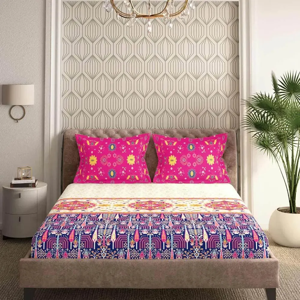 Traditional Motifs Printed Magnum Super Soft Cotton King Size Bedsheet with 2 Pillow Covers - 300 Thread Count (Pink)