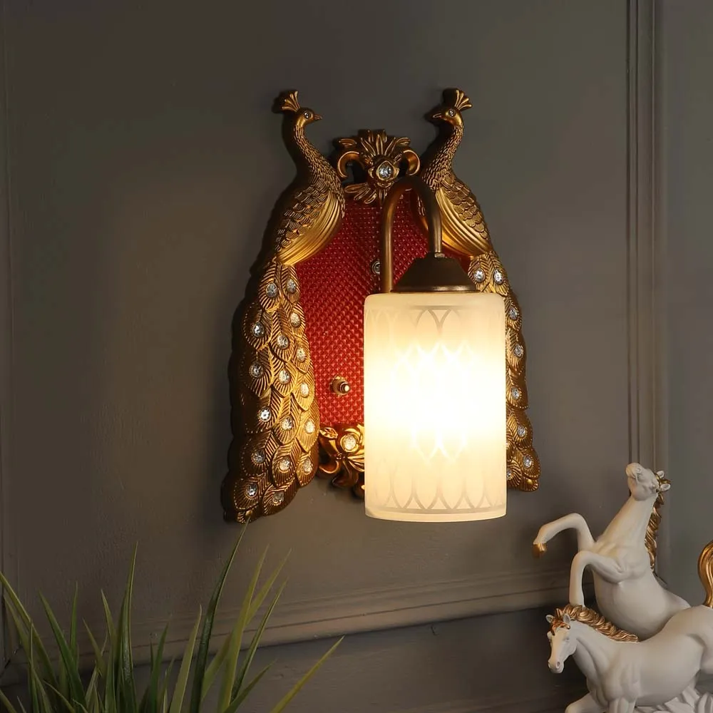 Traditional Peacock White &amp; Gold-Toned Glass Wall Lamp