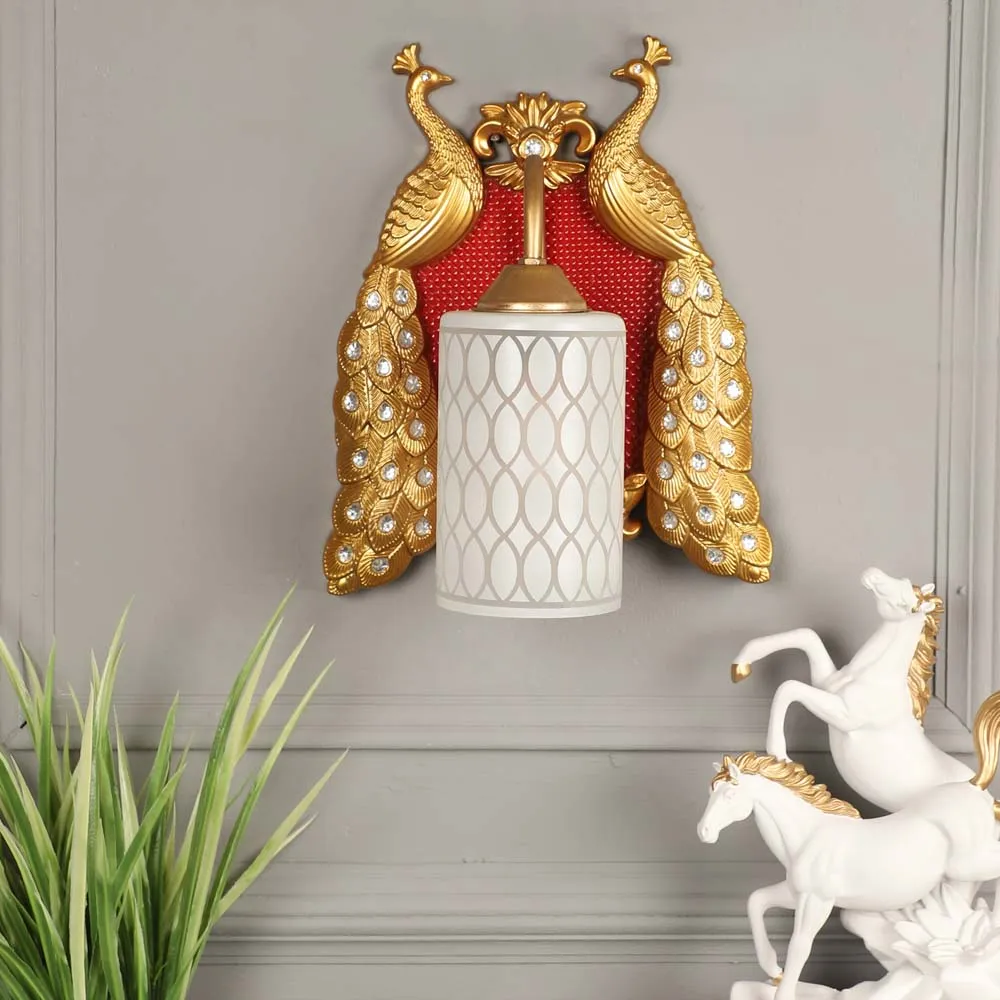 Traditional Peacock White &amp; Gold-Toned Glass Wall Lamp