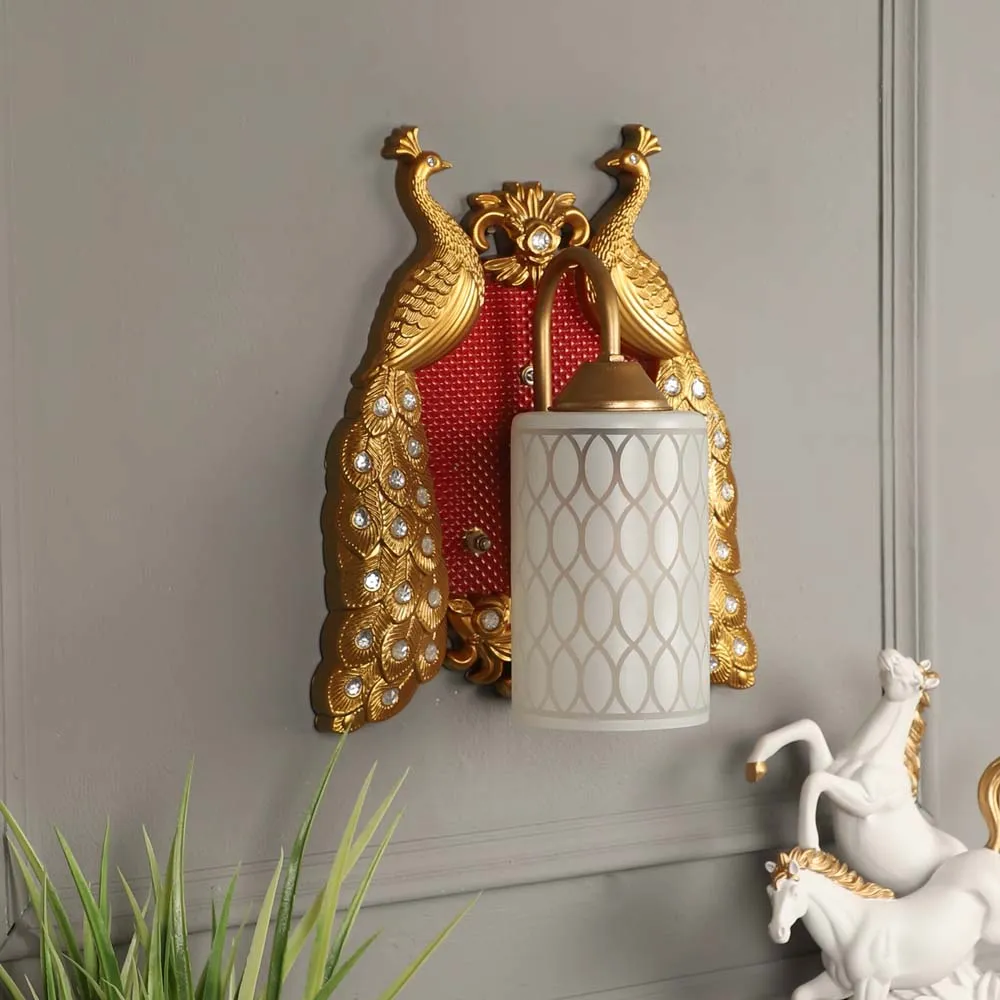 Traditional Peacock White &amp; Gold-Toned Glass Wall Lamp