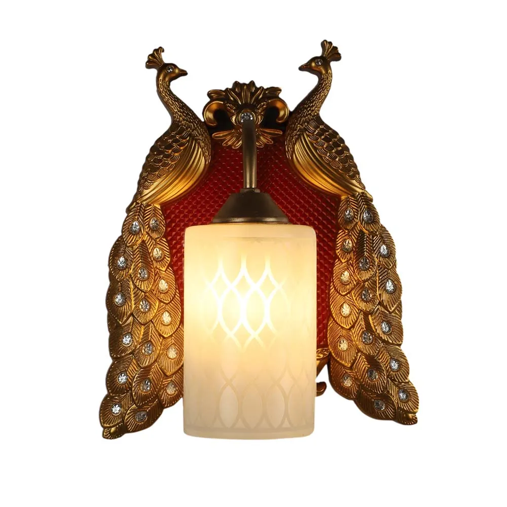 Traditional Peacock White &amp; Gold-Toned Glass Wall Lamp