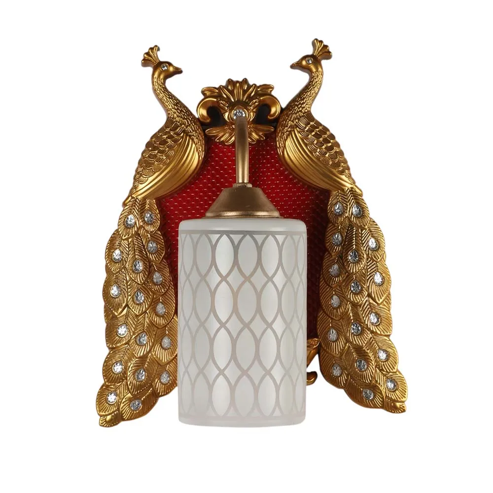 Traditional Peacock White &amp; Gold-Toned Glass Wall Lamp