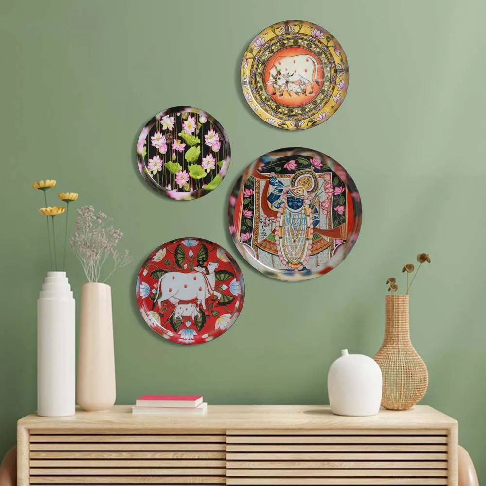 Traditional Pichwai Art Metallic Wall Plate Set of 4
