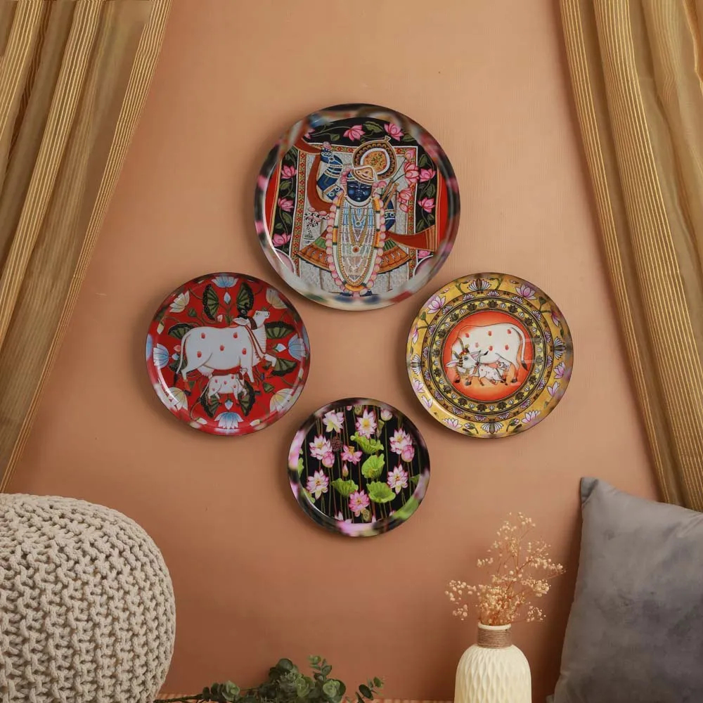 Traditional Pichwai Art Metallic Wall Plate Set of 4