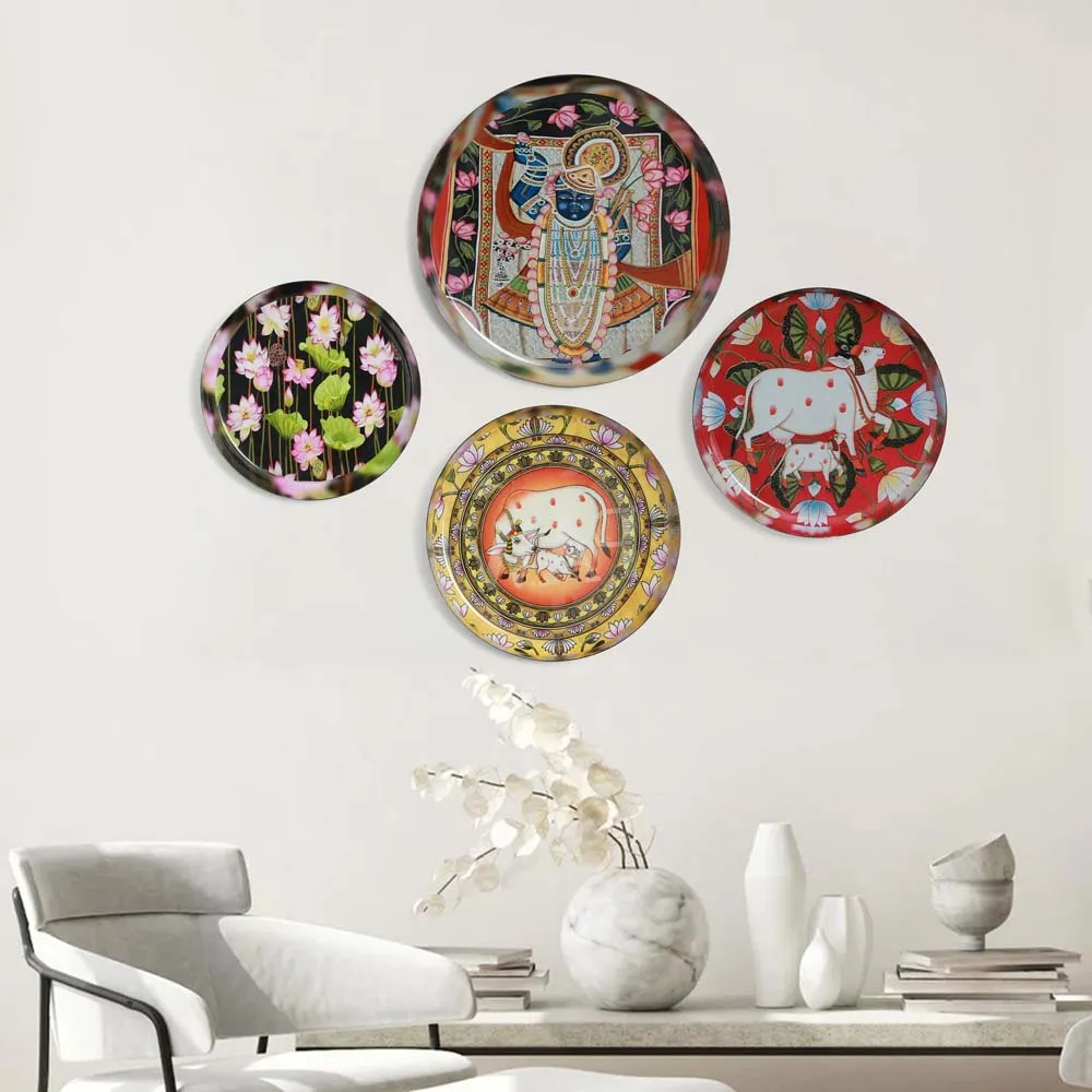 Traditional Pichwai Art Metallic Wall Plate Set of 4