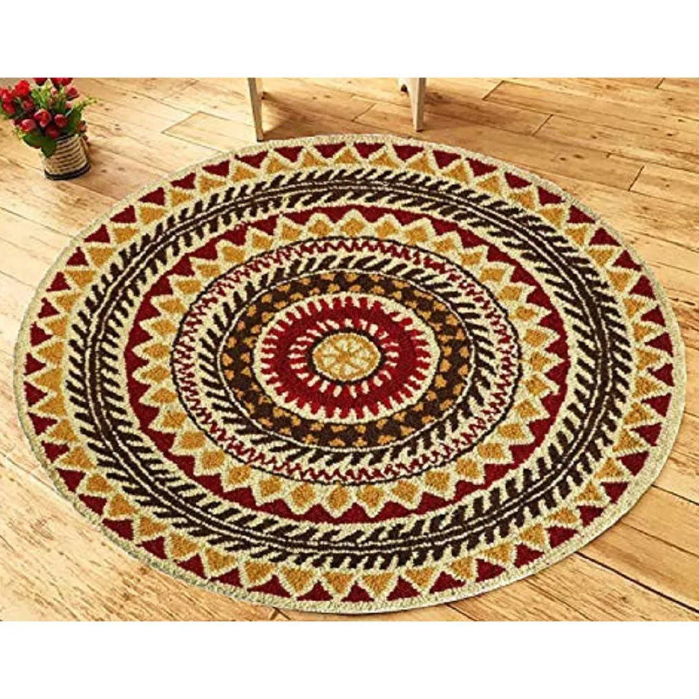 Traditional Round Designer Red & Yellow Hand Tufted Woolen Area Carpet